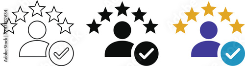 Verified user with 5 star rating vector icon set with outline solid black and colorful customer review symbols