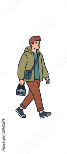 Man walking with camera and bag illustration
