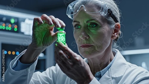 Mature Female Scientist Holding Glowing Green Vial in Modern Laboratory