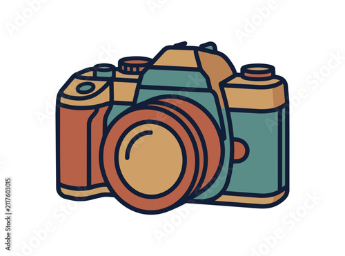 Stylized illustration of a retro camera with a lens