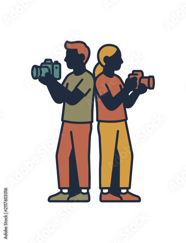 Two people holding cameras taking pictures illustration