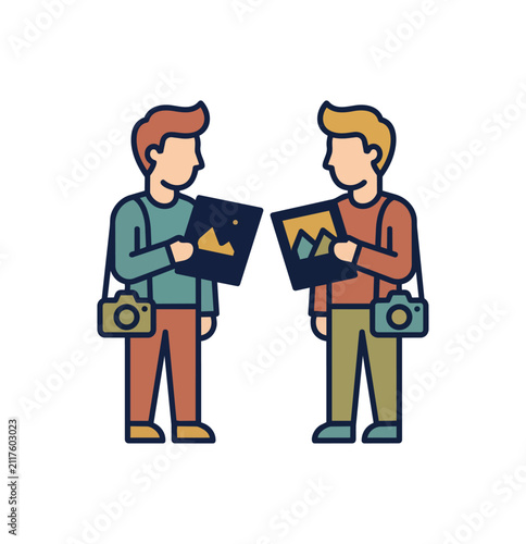 Two people sharing photographs and discussing visual art