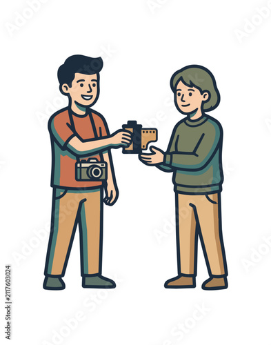 Two person exchange item communication concept illustration
