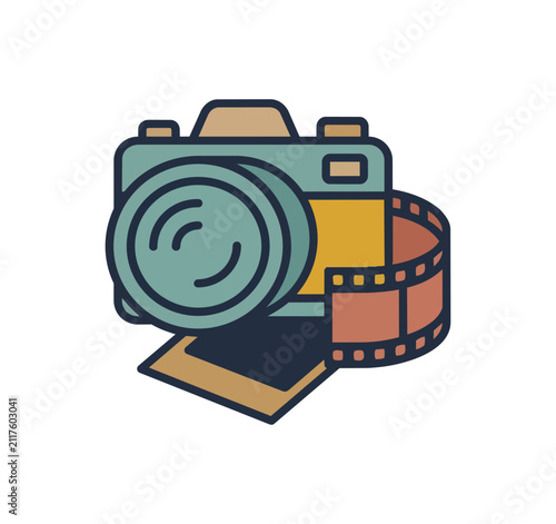 Vintage camera and film roll illustration with photo frame