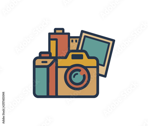 Vintage camera and film roll icon set retro photography concept