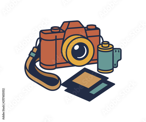 Vintage camera and film roll with photograph