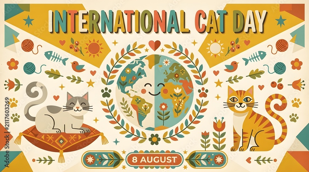 Fototapeta premium Floral Ornament With Cats And Globe Vector Illustration