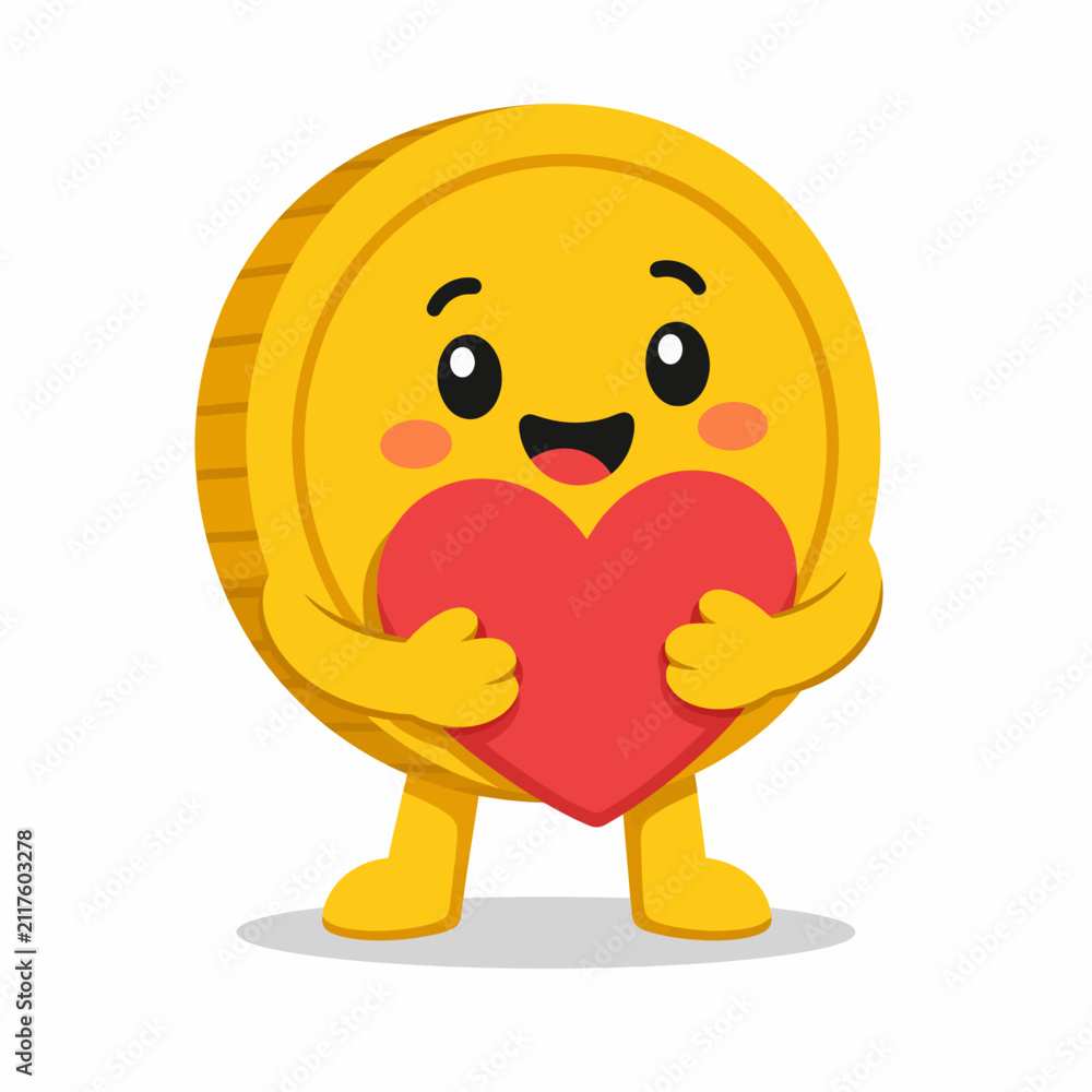 Fototapeta premium Cute Gold Coin Money Mascot Hugging Red Heart with Happy Expression Flat Vector Cartoon Character Isolated on White Background with Simple Shadow