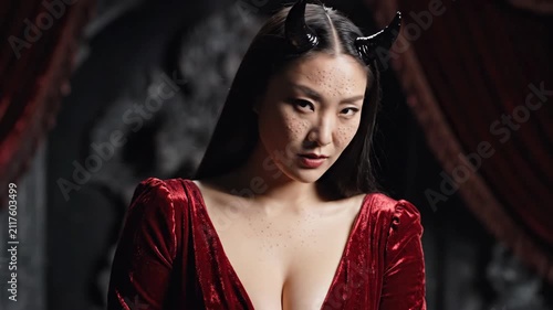 East Asian Woman in Red Velvet Dress and Black Devil Horns Gazing Seductively in Dark Gothic Portrait