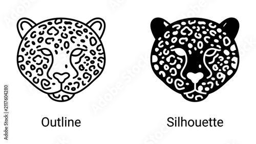 Photography Leopard Head Outline and Silhouette: A striking visual comparison presenting a stylized leopard's head in both a line-art outline and a bold silhouette
