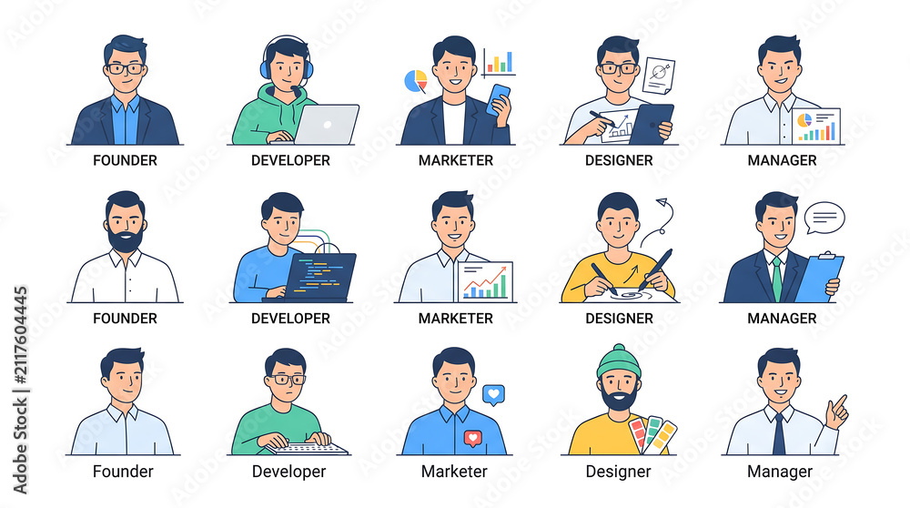 Fototapeta premium Collection of male avatars representing different professions like founder developer marketer designer and manager with descriptive labels for team identification.