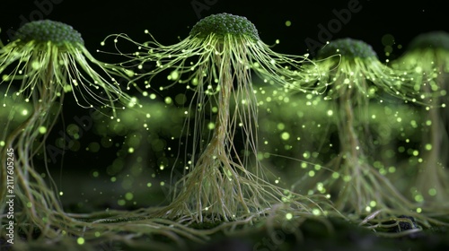 Futuristic agricultural nanorobots supporting plant growth through advanced nutrient delivery systems in a microscopic root environment with glowing green particles.