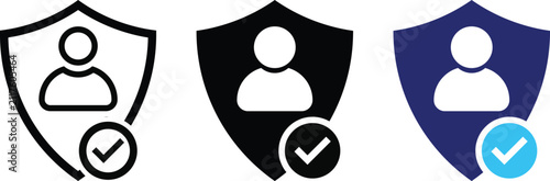 User protection icon set. Person profile inside shield. privacy and account security. Data safety sign. data protection concepts. Vector design in line art, solid, black, and blue styles