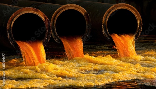 Three large metal pipes discharging thick orange liquid waste into murky water