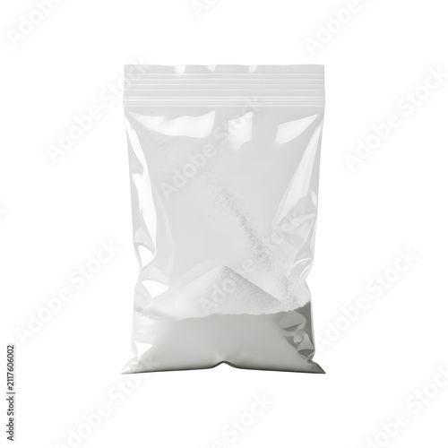 Plastic transparent resealable bag filled with white powder isolated