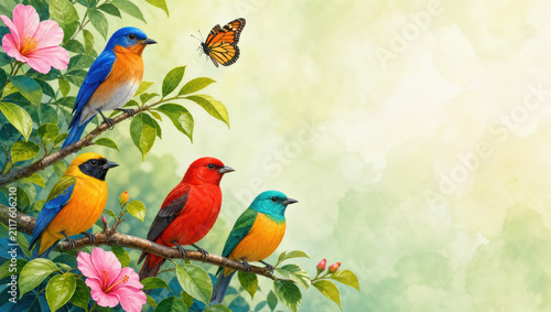 Colorful bird butterfly flower branch green leaf nature spring tropical wildlife cheerful vibrant