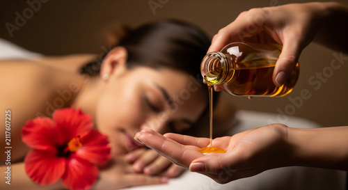Therapist pouring essential oil on woman back perfect for relaxing spa massage therapy wellness treatment and body healing concept