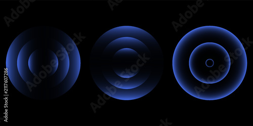 Sonic waves, WiFi signal glowing elements, radar sensor light effects, round wireless network neon symbols. Vector illustration.