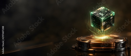 Futuristic Quantum Computing Cube Floating Above Advanced Digital Platform with Copy Space
