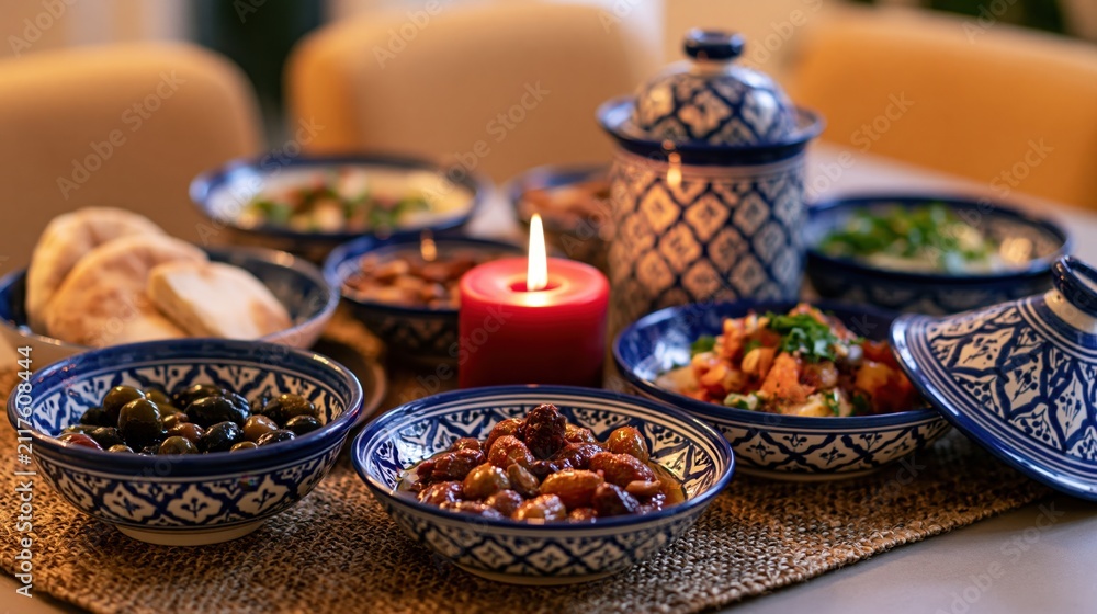 Fototapeta premium The Candlelit Moroccan Feast on a Blue and White Ceramic Table
