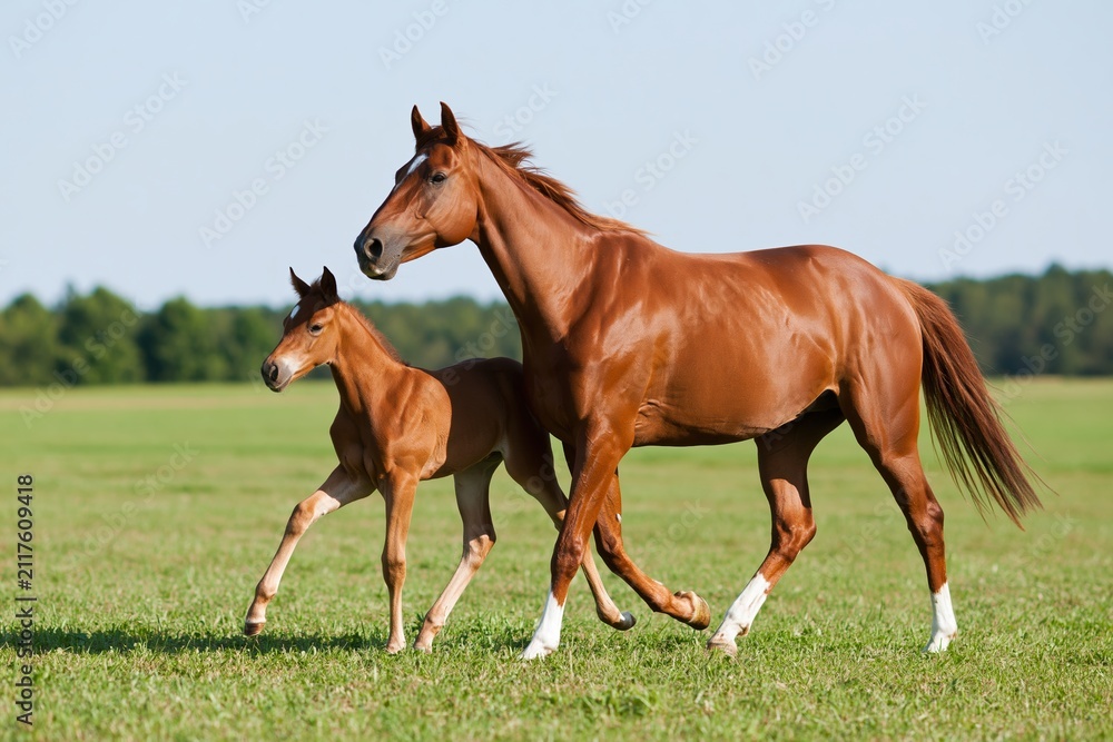 Fototapeta premium The Chestnut Horses Running Together Across a Lush Green Field at Dawn