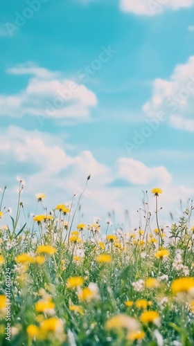 Vibrant yellow dandelions dot a lush green meadow under a serene turquoise sky with fluffy white clouds, creating a picturesque scene of natural beauty and tranquility.