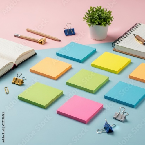 High-angle view of various colorful square sticky notes arranged in a grid on a two-tone pink and blue surface with stationery items like pencils, notebooks, and binder clips.