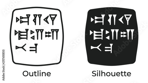 Bild auf Leinwand Cuneiform Tablets: A comparison of cuneiform writing, showing an outline and a silhouette of ancient clay tablets inscribed with wedge-shaped characters