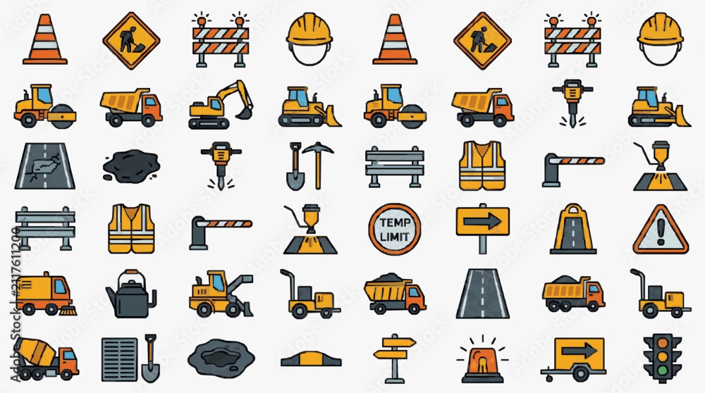 Fototapeta premium Creative Colorful Construction and Roadwork Icon Set Featuring Safety Gear Heavy Machinery and Warning Signs