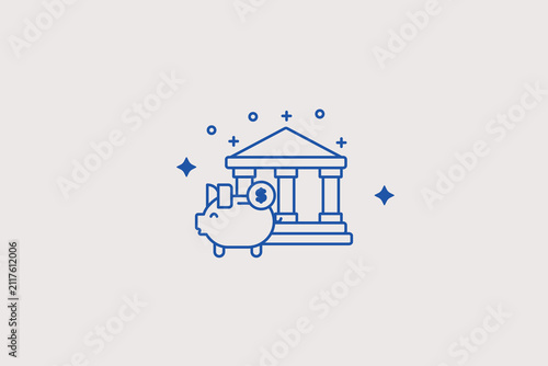 Bank building with piggy bank line icon for financial institution. Reliable vector illustration for savings account, banking services, monetary investment.