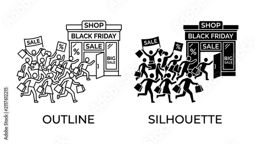 Fotografía Black Friday Frenzy: Two contrasting illustrations depict a chaotic crowd of shoppers rushing into a store with Black Friday Sale signs, eager to grab bargains