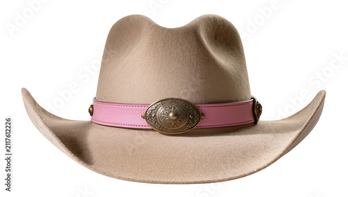 Cuadro en lienzo Tan felt cowboy hat with pink leather band and ornate buckle, isolated on transp