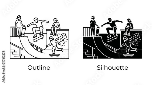 фотографія Skateboarder's Paradise: A dynamic illustration depicting skateboarders executing tricks and maneuvers within a vibrant skate park, showcasing the energy and freedom of extreme sports