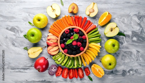 Healthy assorted fruit platter arrangement on grey stone surface.
