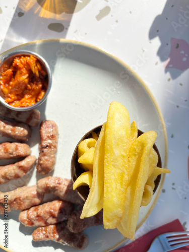 Cuadro en lienzo Cevapcici, bread, Alvar and Tsatsiki  on a Plate