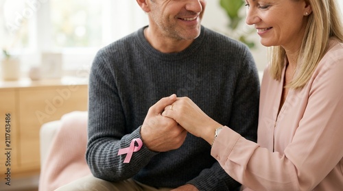 Senior couple holding hands with pink ribbon for breast cancer awareness. Elderly partners showing support and care during health campaign close-up.