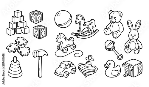 Картината върху платно Classic Children Toys and Baby Nursery Elements Line Art Vector Icon Set Featuri