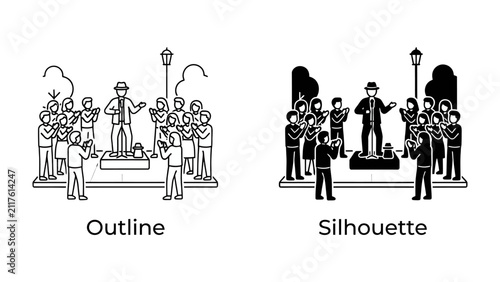 Картината върху платно Speech and Applause: An illustration depicts a speaker on a podium addressing a crowd, with both outline and silhouette versions presented