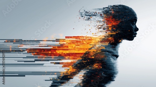 Visualization of machine learning process, human figure dissolving into streams of data and reforming, transformation and digital evolution concept