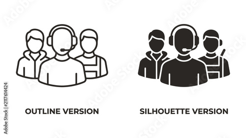 Customer Service Team Icons: Two distinct icon styles, outline and silhouette, depict a team of individuals wearing headsets, representing customer support or call center staff.