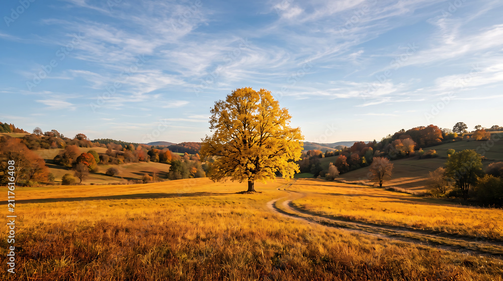 Fototapeta premium Golden autumn tree in a meadow. Vibrant fall landscape with yellow foliage and blue sky.