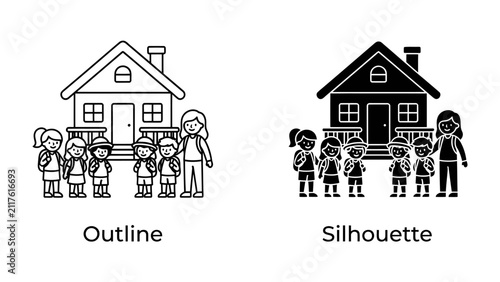 Fotografie Children and Teacher at School: Two artistic representations, an outline and a silhouette, depict a teacher with a group of schoolchildren standing in front of a house-like building