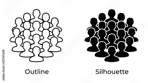 Group of People: Two distinct groups of people are depicted, one in outline and the other in silhouette, representing crowds or community.