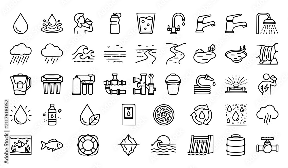 Fototapeta premium Water Line Icons Set – Drinking Water, Filter, Waves and Aqua Thin Outline Vector Collection
