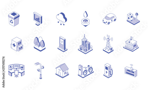 Smart city isometric icons for urban infrastructure and technology