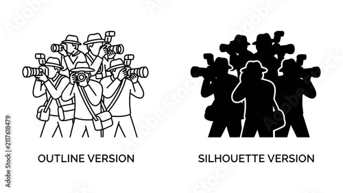 Obraz na płótnie Paparazzi Crew: A collection of photographers, depicted in both outline and silhouette versions, are shown armed with cameras, eagerly capturing a moment