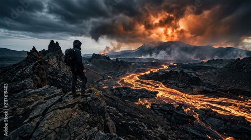 Dramatic Volcanic Eruption with Lava Flow and Stormy Skies.