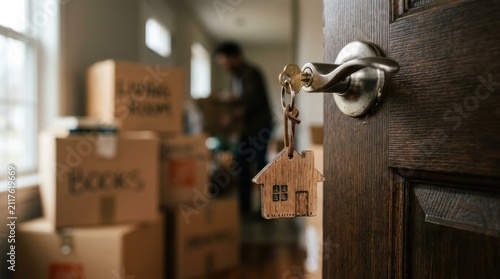 New Home Keys Hanging on Door Knob with Moving Boxes in Background.