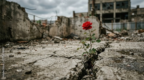 Single Red Rose Blooms Amidst Devastation of WarTorn City Ruins.