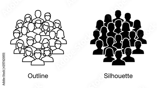 Group Diversity: Two distinct icons represent a group of people, one as an outline and the other as a silhouette, symbolizing unity in diversity and the collective.